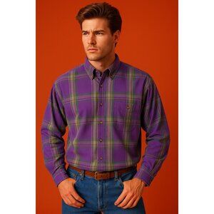 London Fog Men’s Dress Button-Down Shirt L Purple Green Plaid Long Sleeve VTG